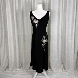 S.L. Fashions Dress Womens 8 Black Floral Embroidered V Neck Midi Party Cocktail